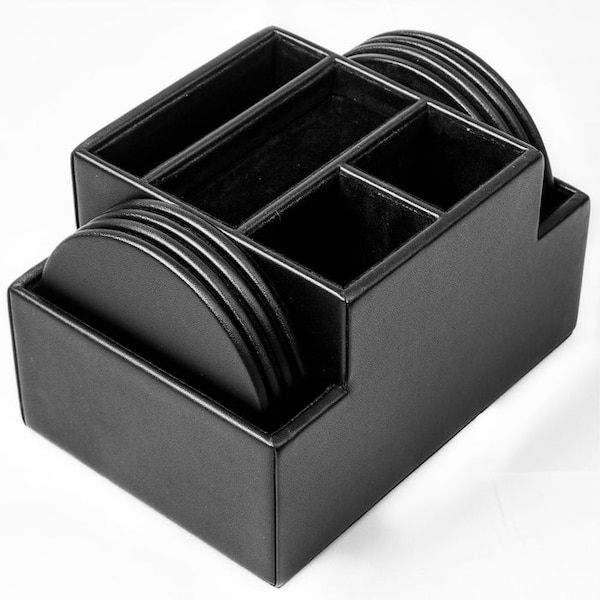 Dacasso Black Leather 8 Round Coaster Set with Holder AG-1058 - main